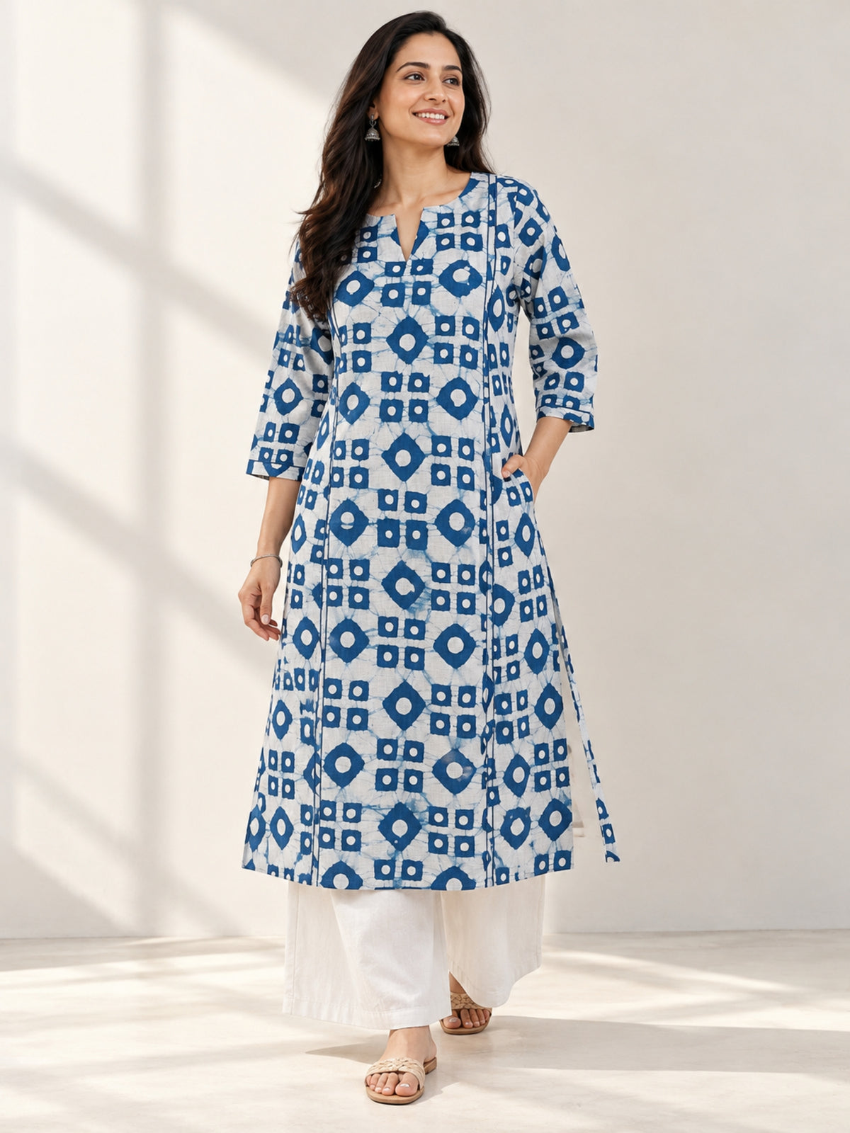 Darzaania pure Bagru cotton kurta with white palazzo pants for women – front view