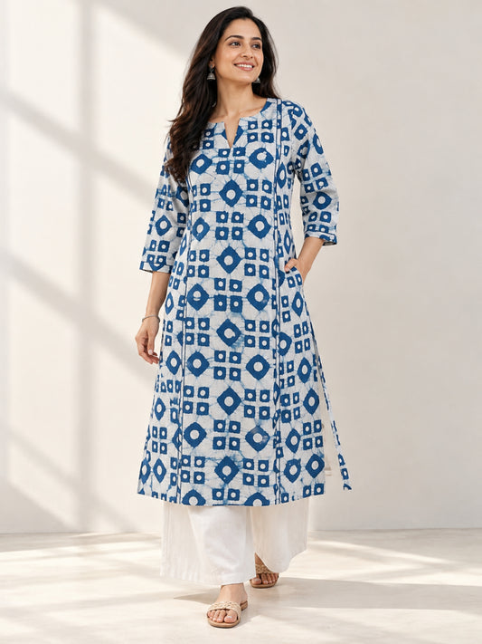 Darzaania pure Bagru cotton kurta with white palazzo pants for women – front view