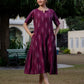 Wine Ikkat cotton midi dress for women with pockets, handcrafted