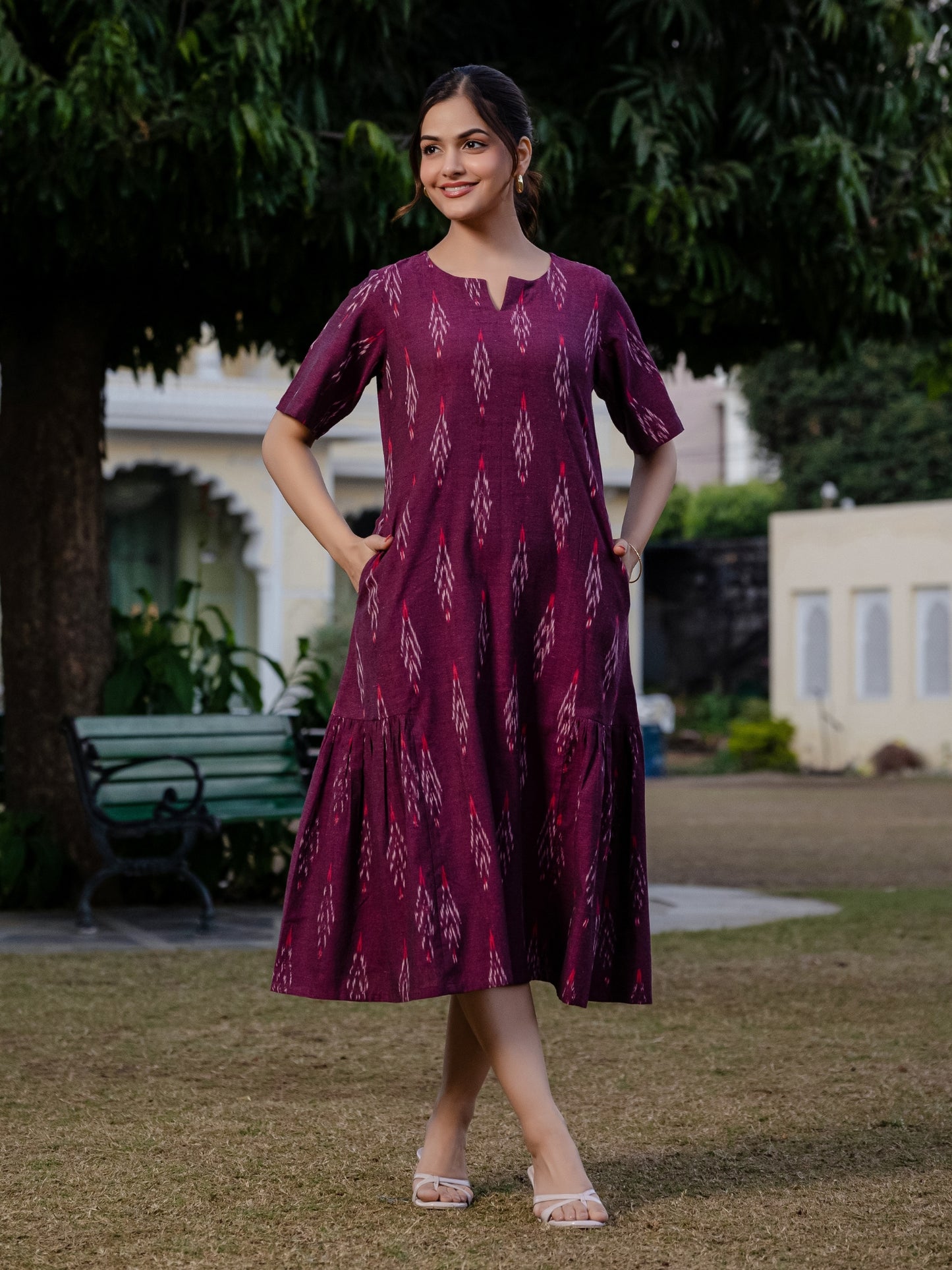 Wine Ikkat cotton midi dress for women with pockets, handcrafted