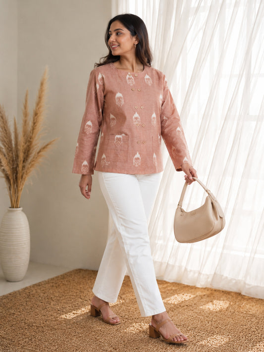 Darzaania Ikat cotton rose gold pink blush color tunic top