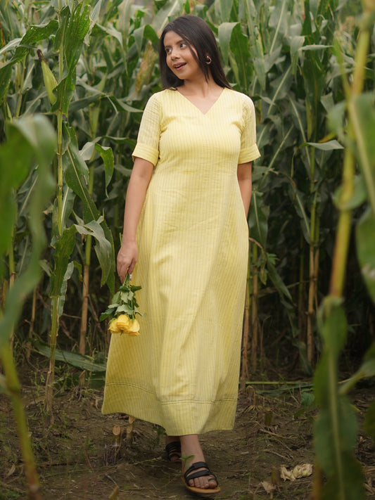 Yellow Jamdani Cotton Dress S to 6XL sizes