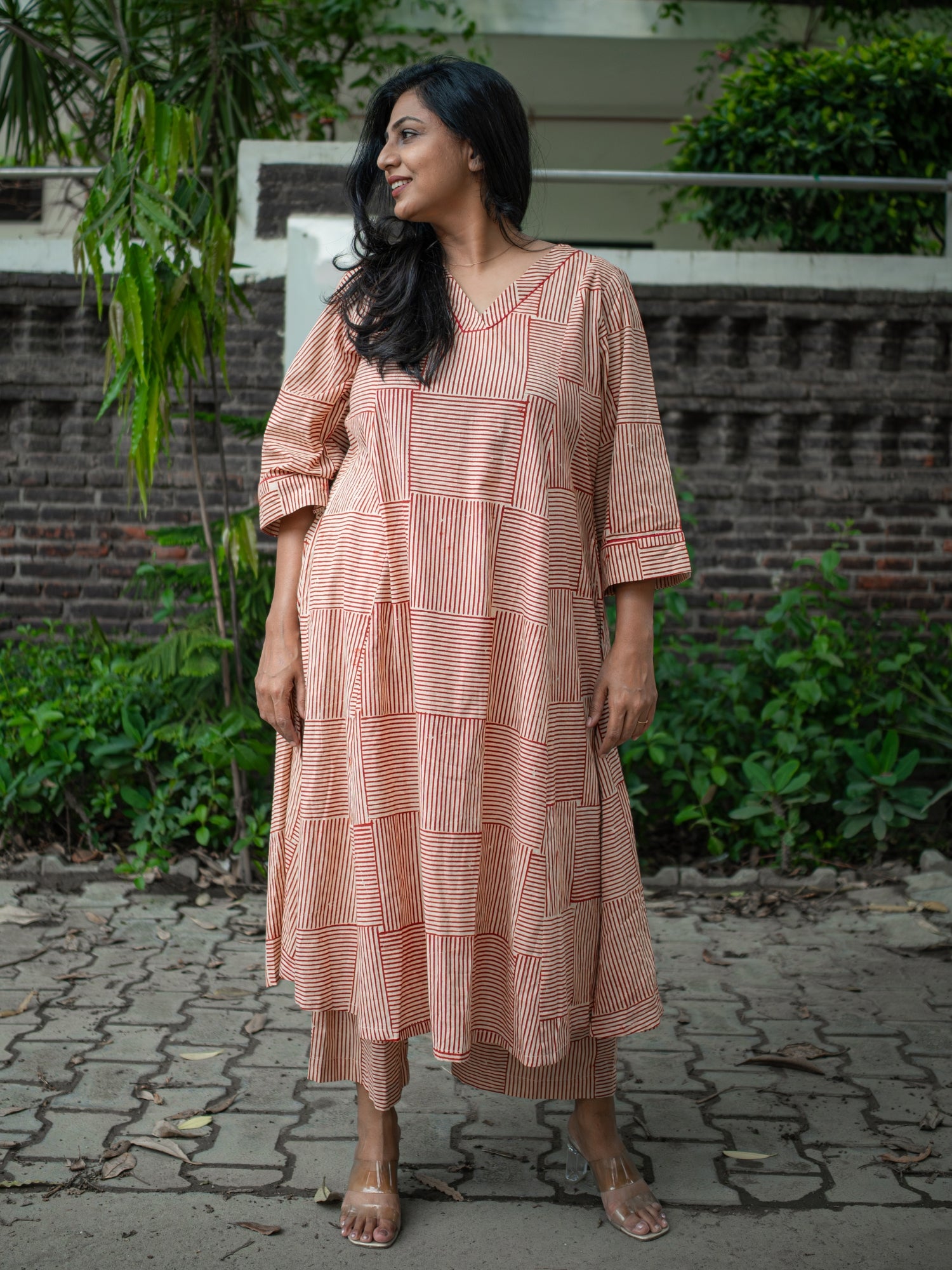 Samaira Red Stripes Block Print Pure Cotton Co-ord Set