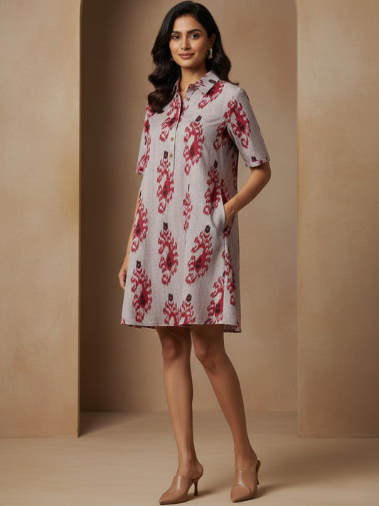 Premium Ikat Handloom cotton short swing dress for women with shirt collar and free-flowing silhouette, front view