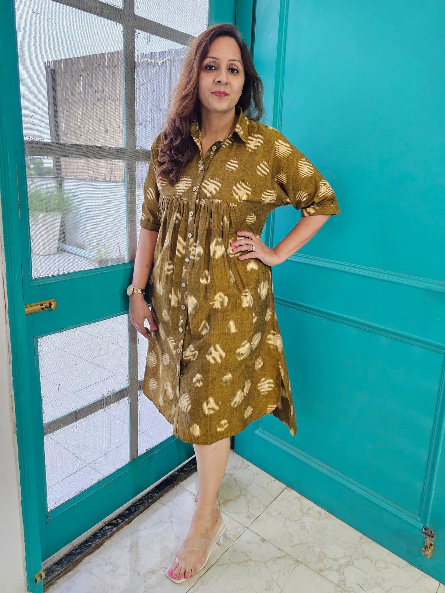 Darzaania Aarunya Olive Button Down Midi Dress