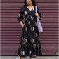 Darzaania black Pure Cotton Maxi Dress in black with an elegant bird-inspired print and a flowing maxi silhouette.