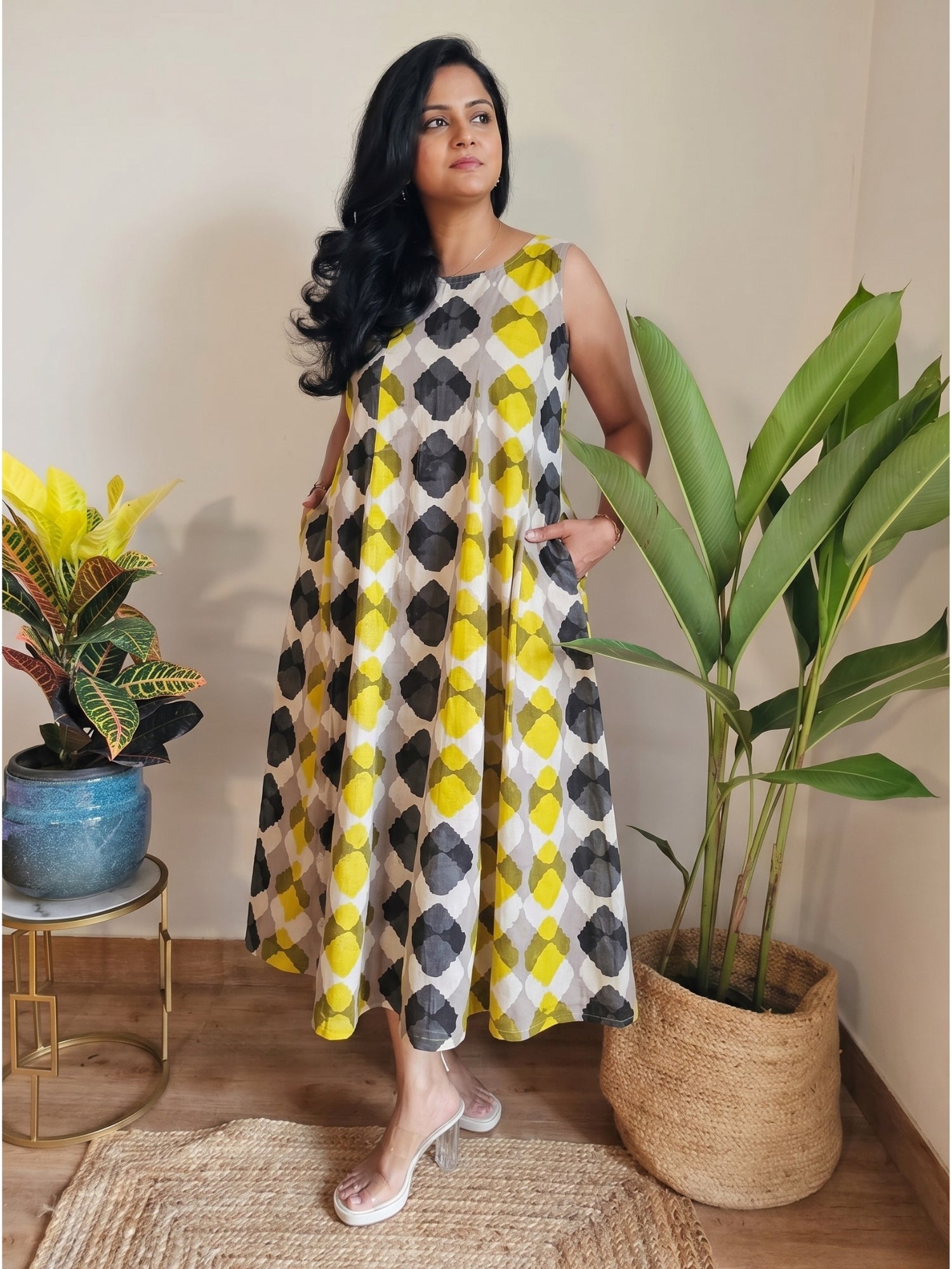 Darzaania Neerja Prism Cotton Dress front view in handcrafted geometric block print