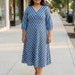 Blue striped dress for women, front view, handcrafted cotton dress with relaxed fit and pockets