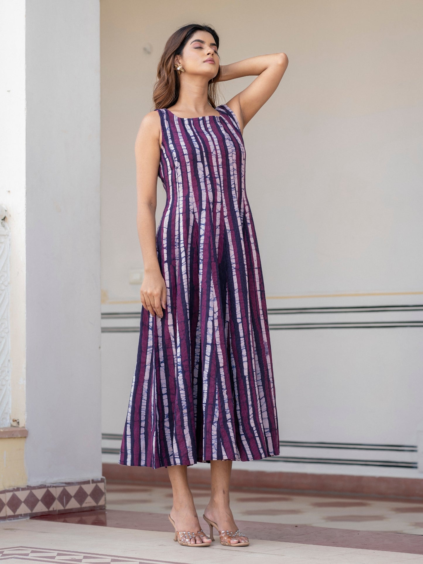 Women's purple striped batik work block print maxi dress in breathable cotton, handcrafted Indian dress with pockets, sizes S to 6XL