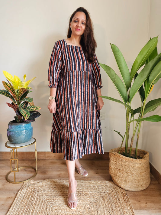 Striped kantha work cotton midi dress