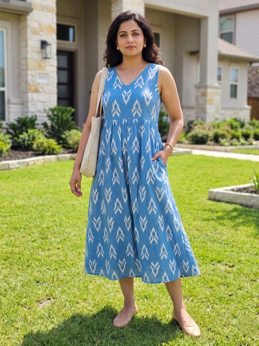 Sky Blue cotton midi dress for women