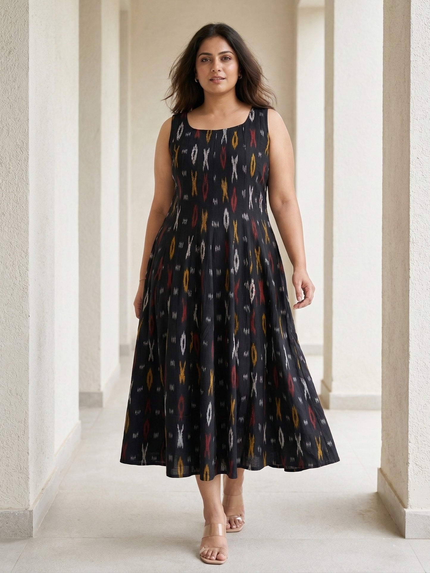 Black Ikat  Maxi Dress for Women in Pure Cotton 