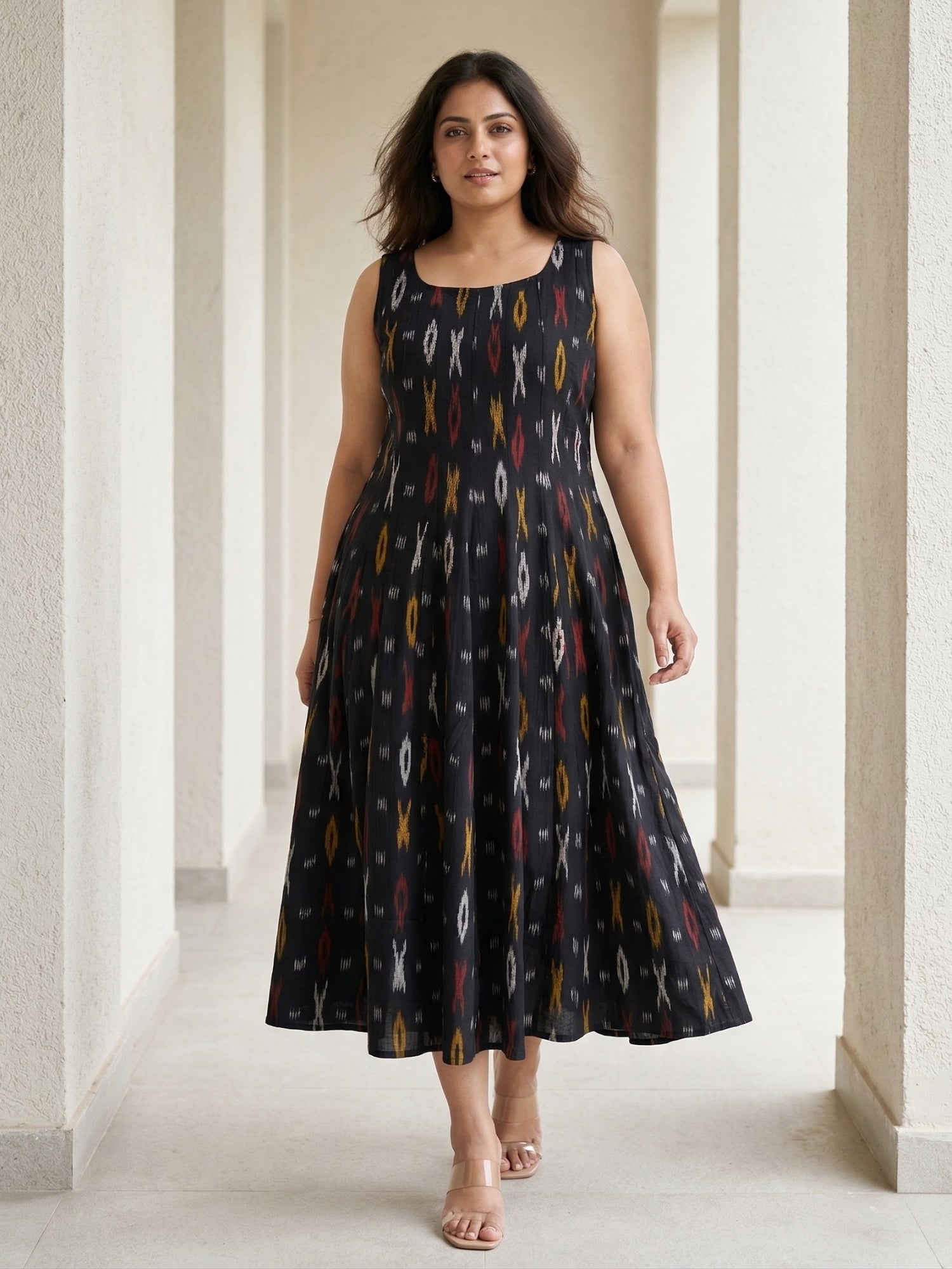 Black Ikat  Maxi Dress for Women in Pure Cotton 