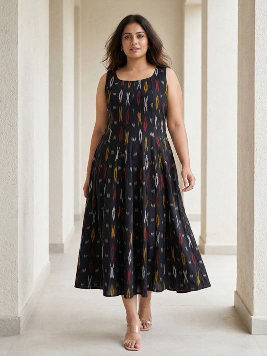 Black Ikat  Maxi Dress for Women in Pure Cotton 
