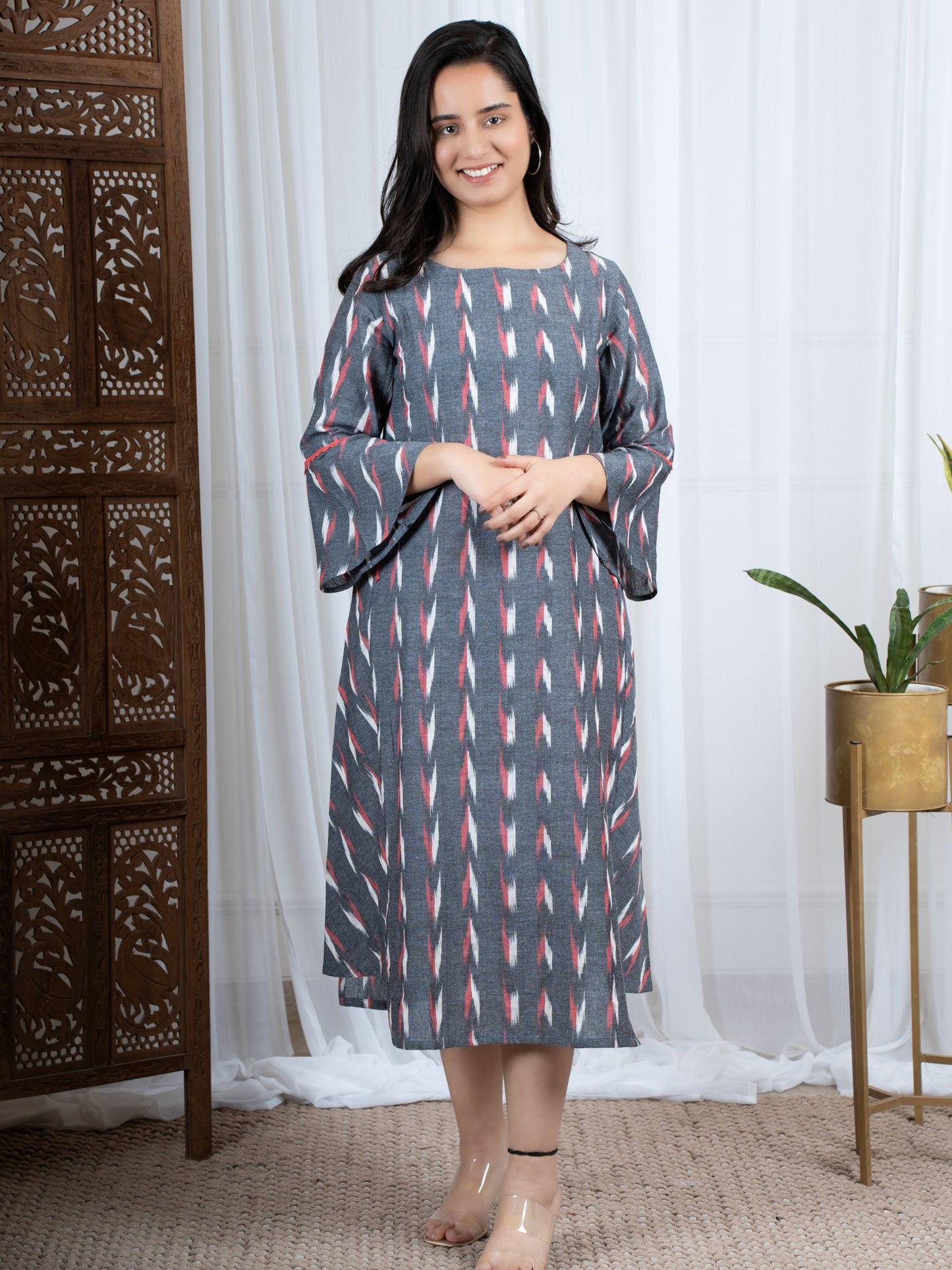 Grey ikat Cotton midi dress online