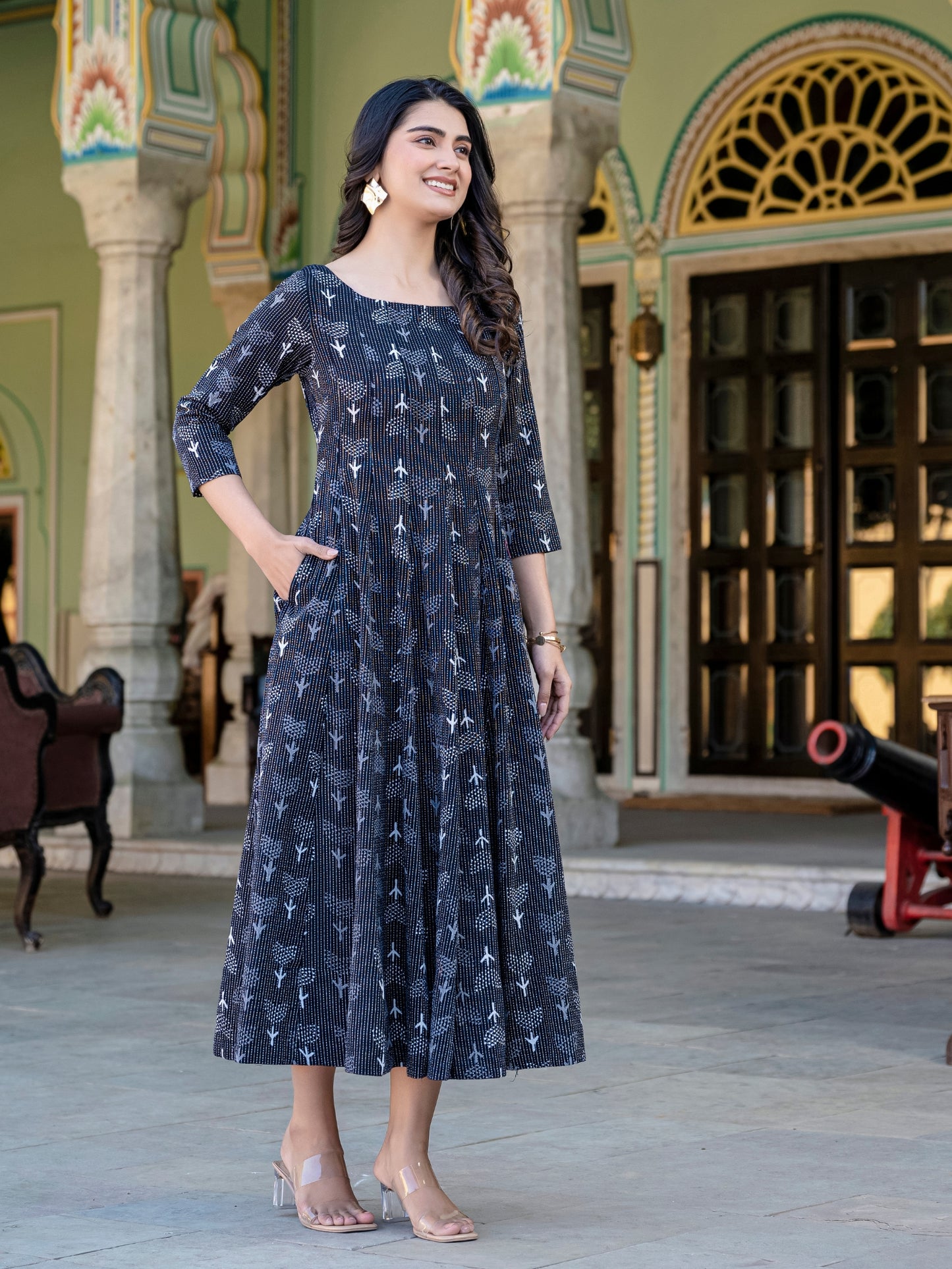 Darzaania Noor Kantha Work Block Print Pure Cotton Dress