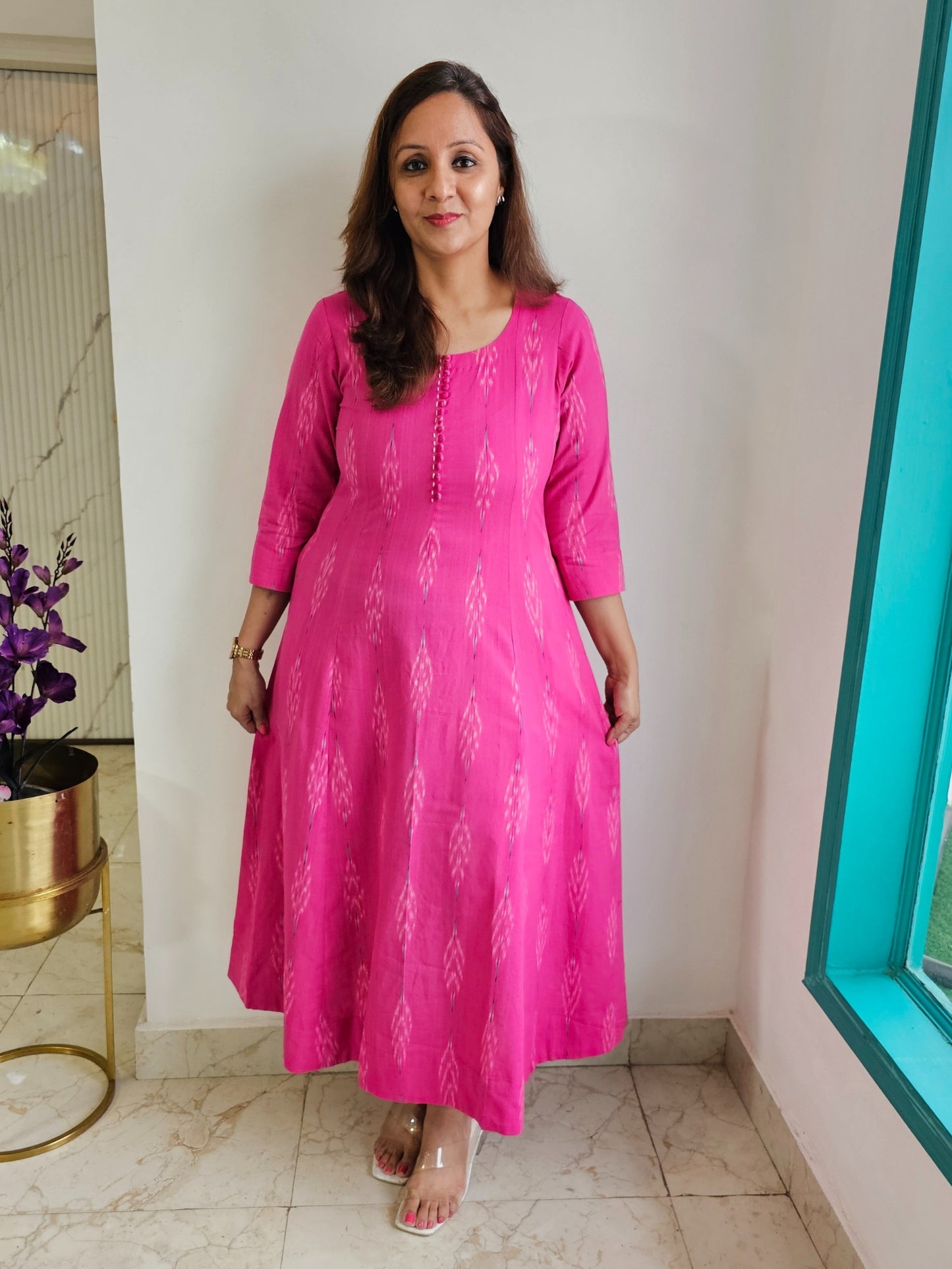 Darzaania Vandita Pink Ikkat Cotton Dress