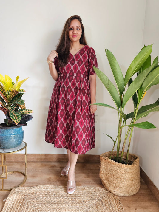 Darzaania Genelia Maroon Ikat Midi Dress