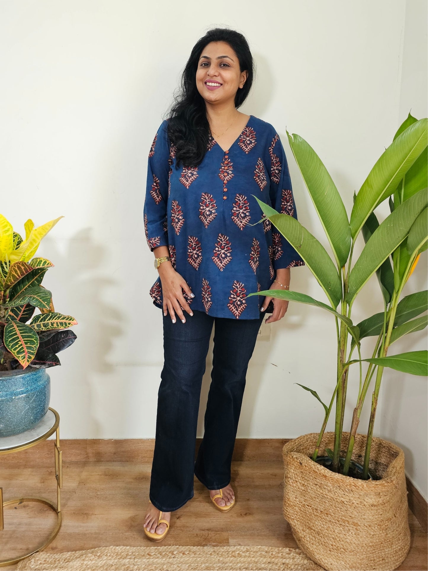 Natural Indigo Block Print tunic top in sizes S to 6XL