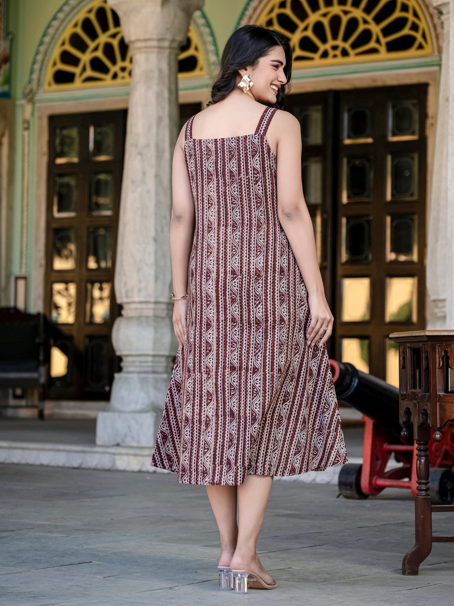 Darzaania Sienna Raga Kalamkari Strap Cotton Dress