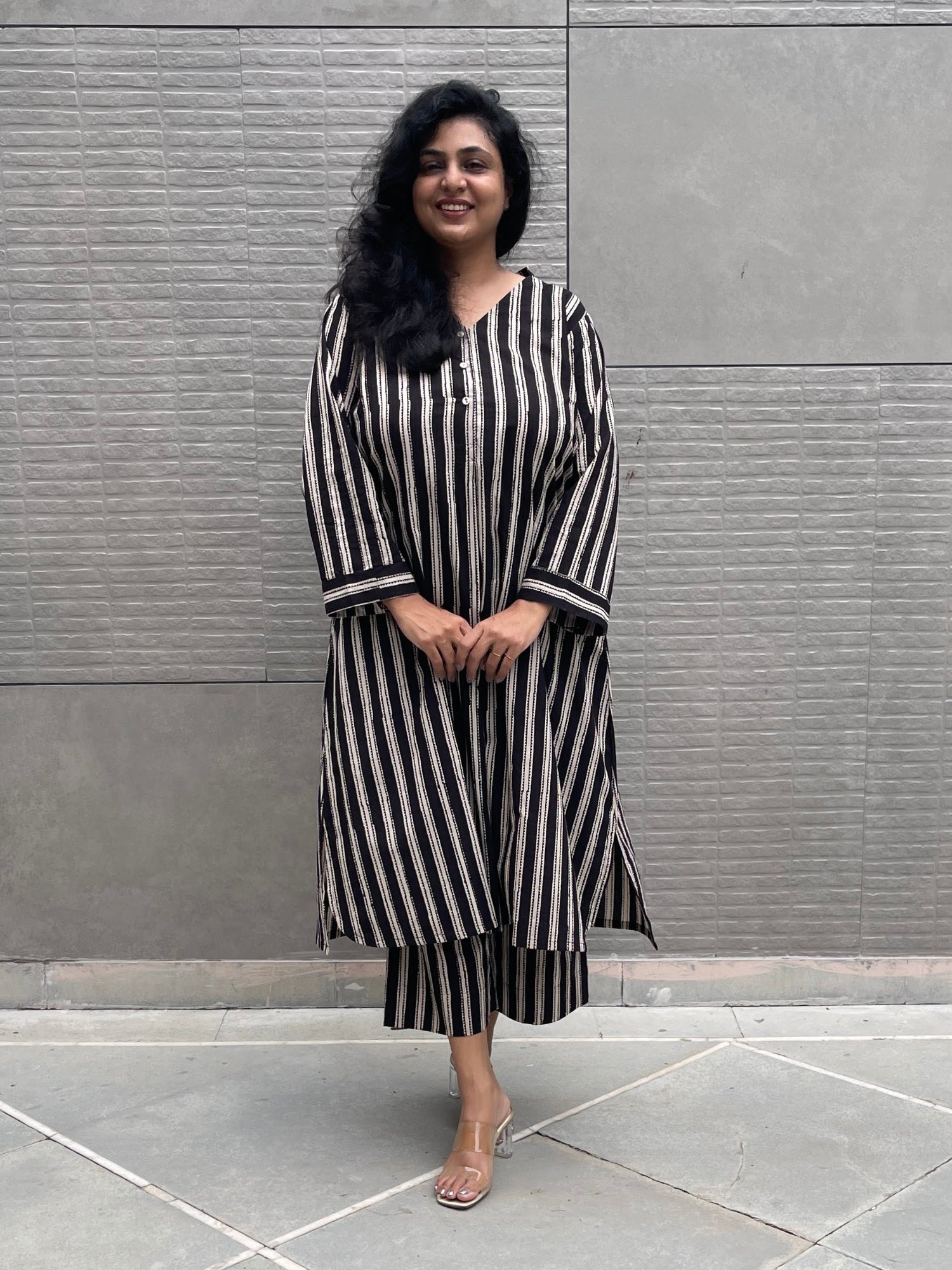 Darzaania Mehak Black Striped Handblocked Cotton Co-ord