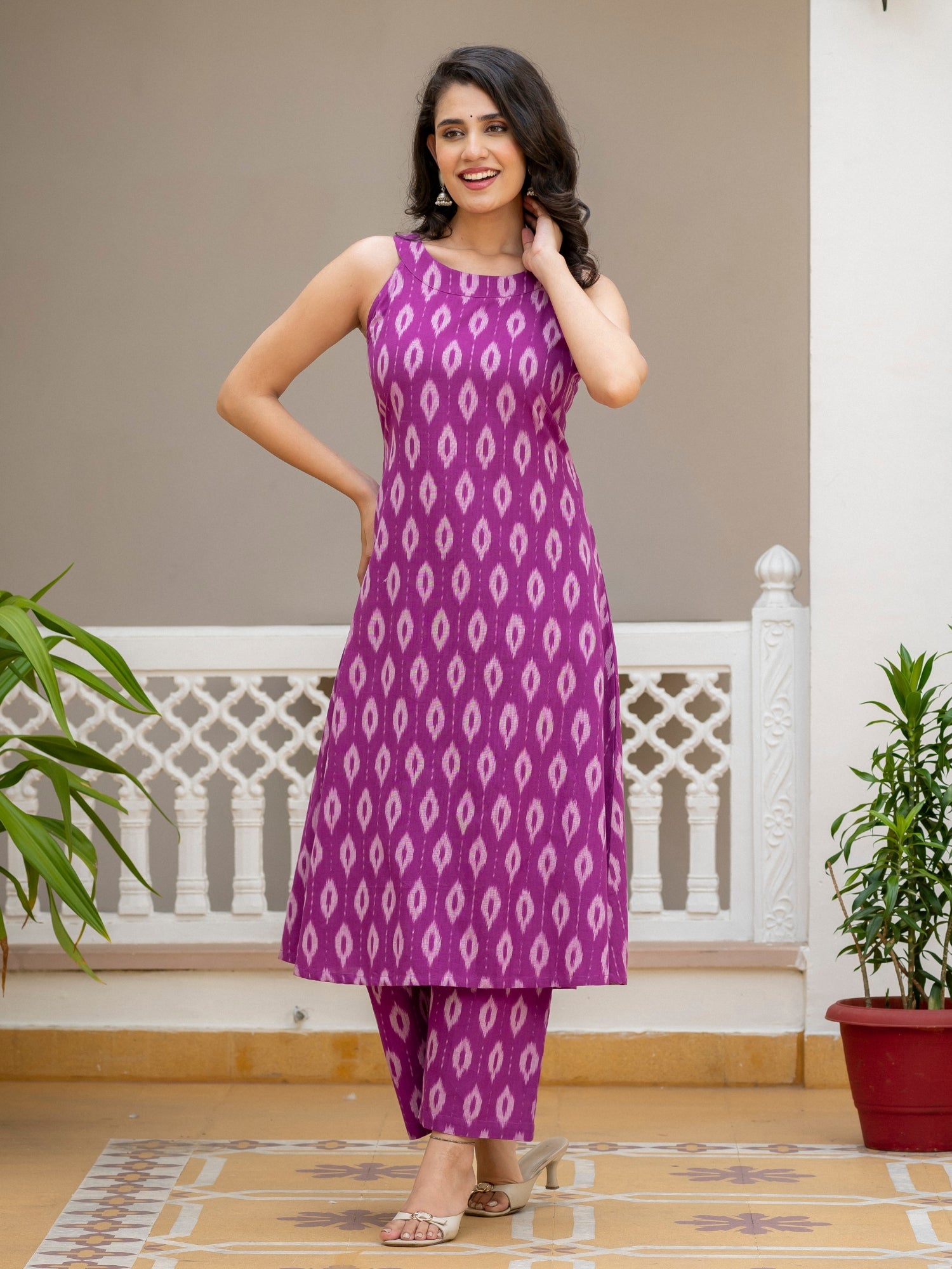 Darzaania Orchid Weave pink and purple handloom Ikat cotton co-ord set front view