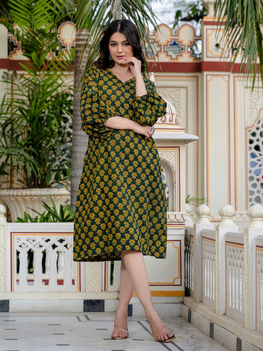 Anvitha Green Ajrakh Work Cotton Midi Dress