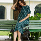 Handcrafted green midi dress in Ikat fabric, sizes S to 6XL