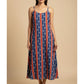 Front view of handmade blue and red striped ikat cotton noodle strap dress with pockets, 50-inch length, breathable summer wear.