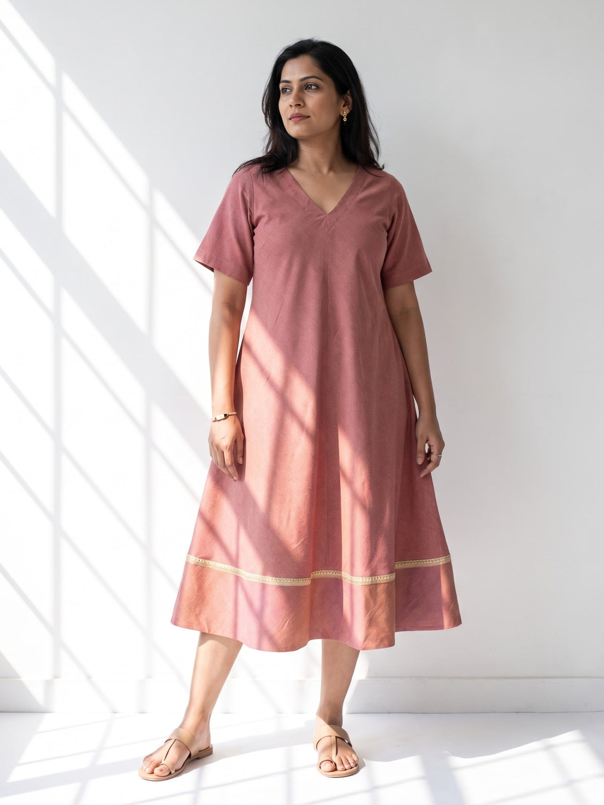 Aarika Rosewood Ikat cotton dress for women front view with V-neck and flared silhouette by Darzaania