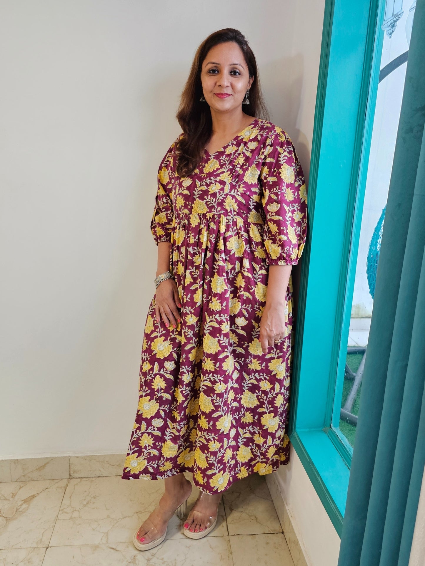 Darzaania Tapsi Wine Floral Cotton Dress