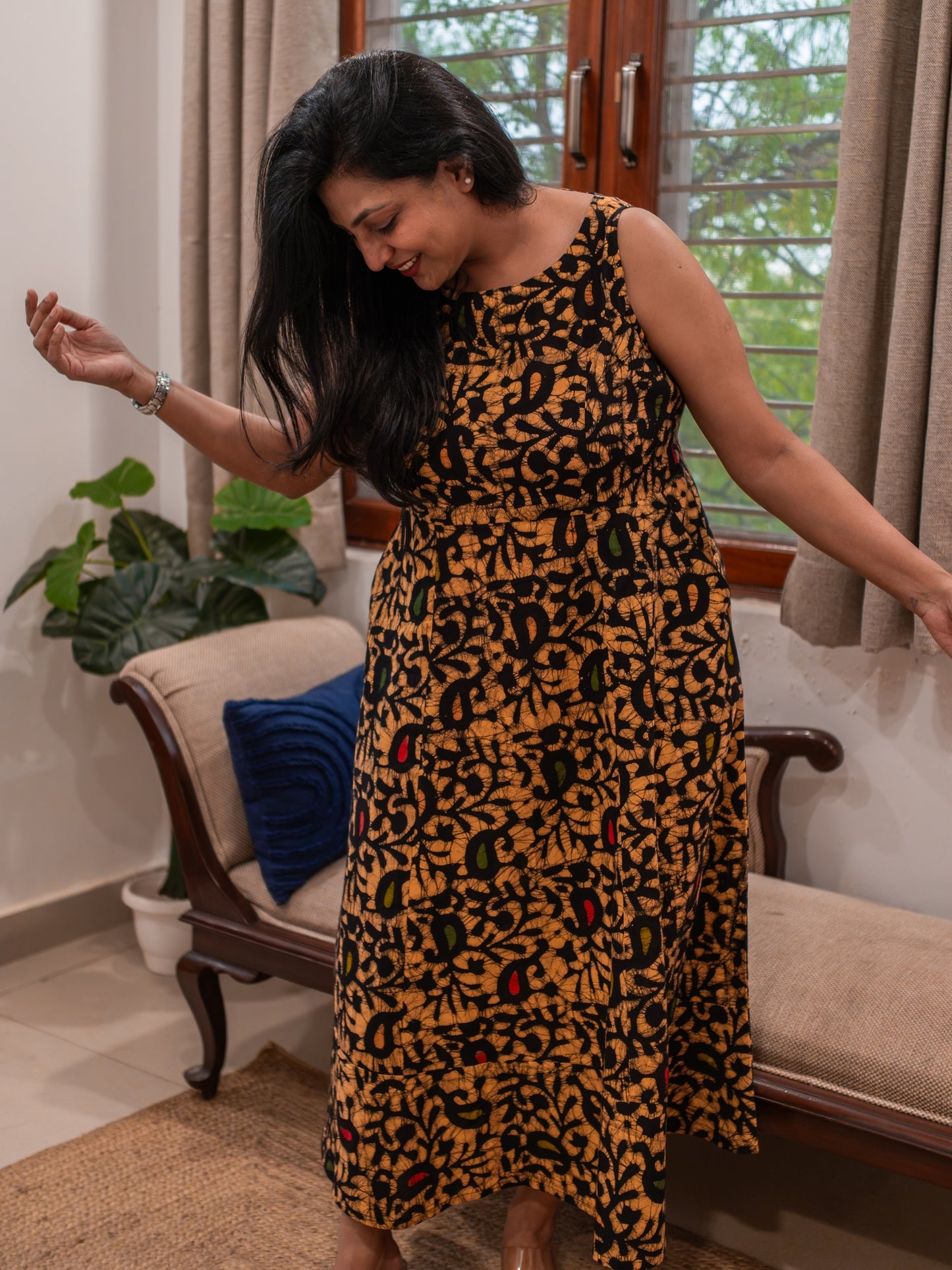 Handcrafted Batik Cotton Dress for Women featuring sleeveless design and ankle length silhouette