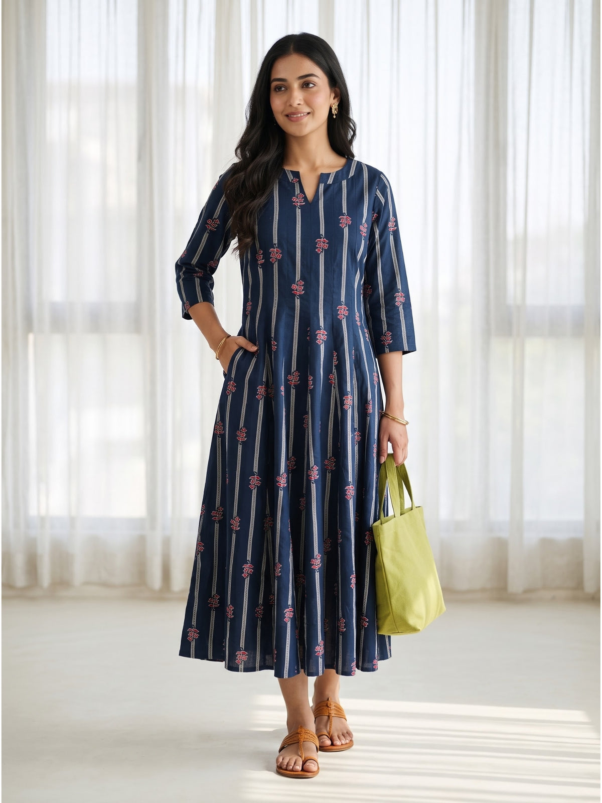 Woman wearing a navy blue floral printed cotton dress with three-quarter sleeves and a flowing Kalidaar silhouette.
