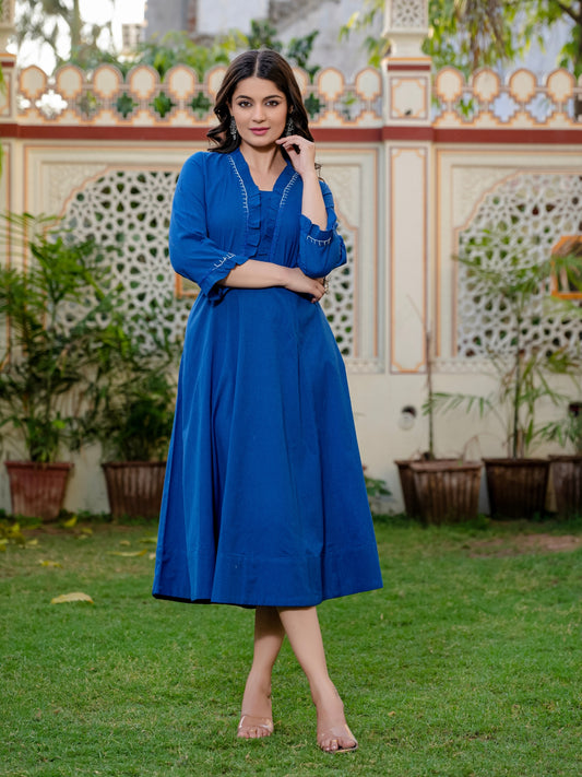Darzaania Blue Embroidered Handloomed Cotton Dress