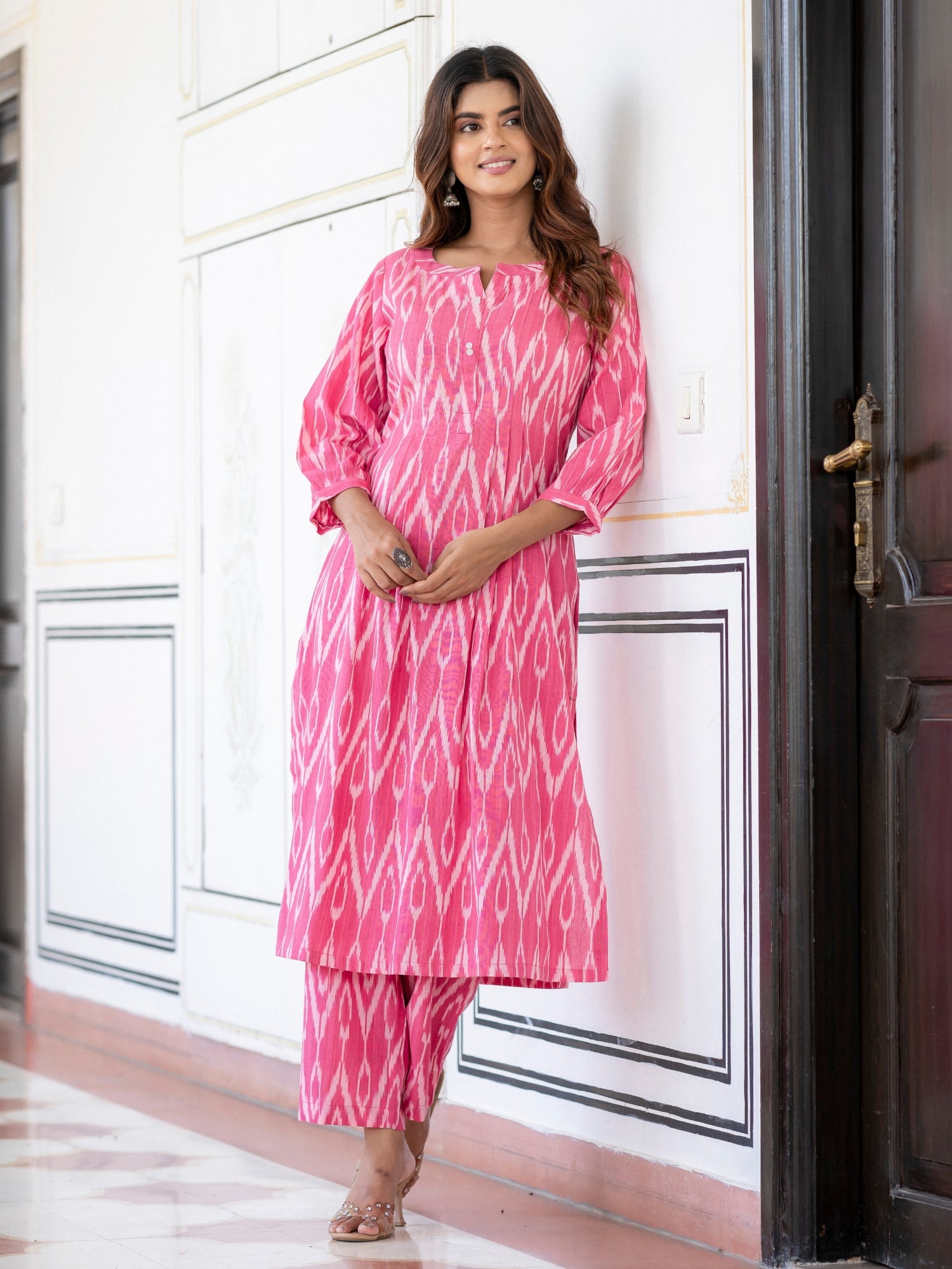 Pink Ikat kurta co-ord set with 3/4 sleeves and palazzo pants