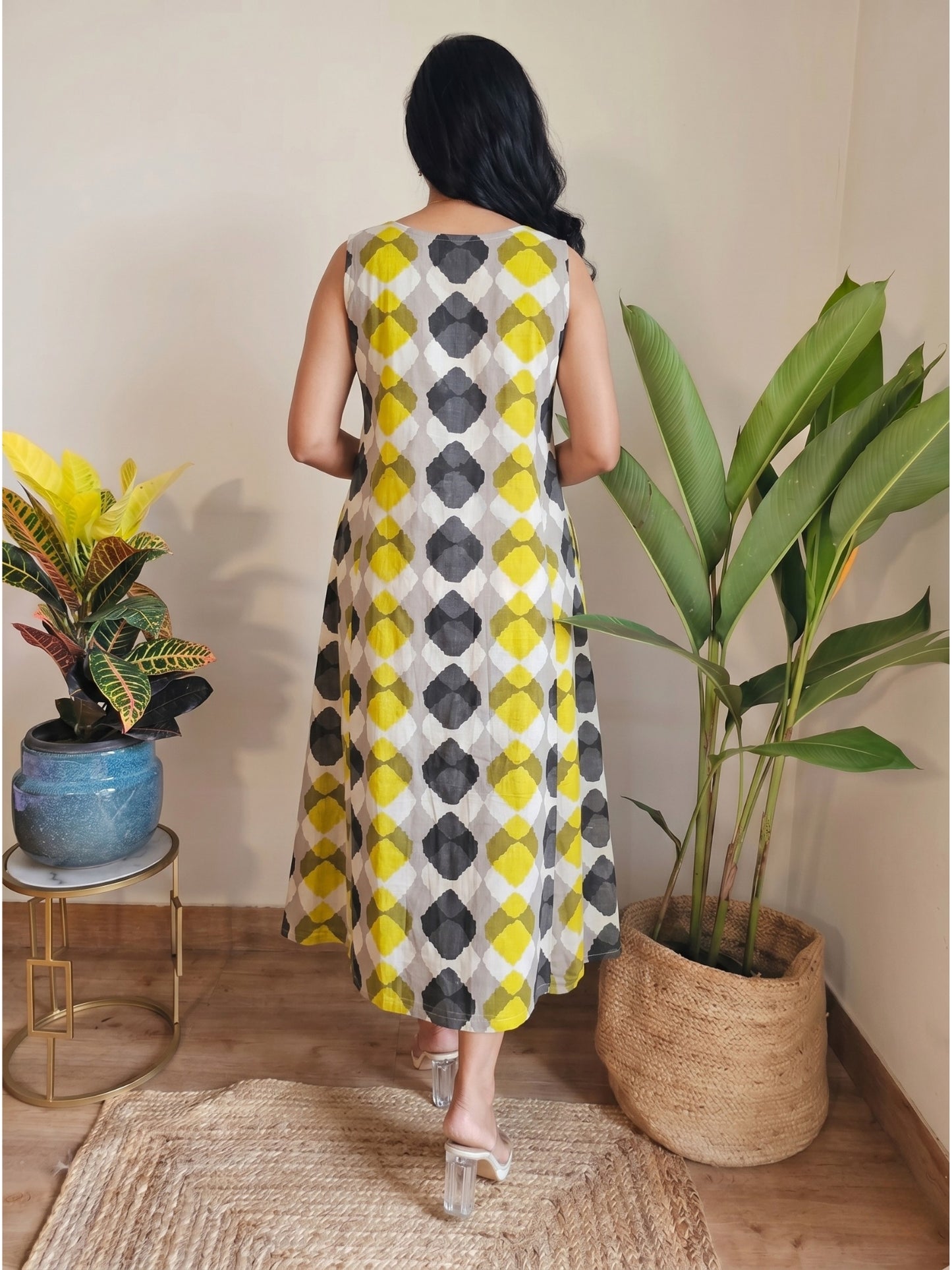 Back view of Darzaania Neerja Prism Cotton Dress featuring geometric block printed cotton fabric
