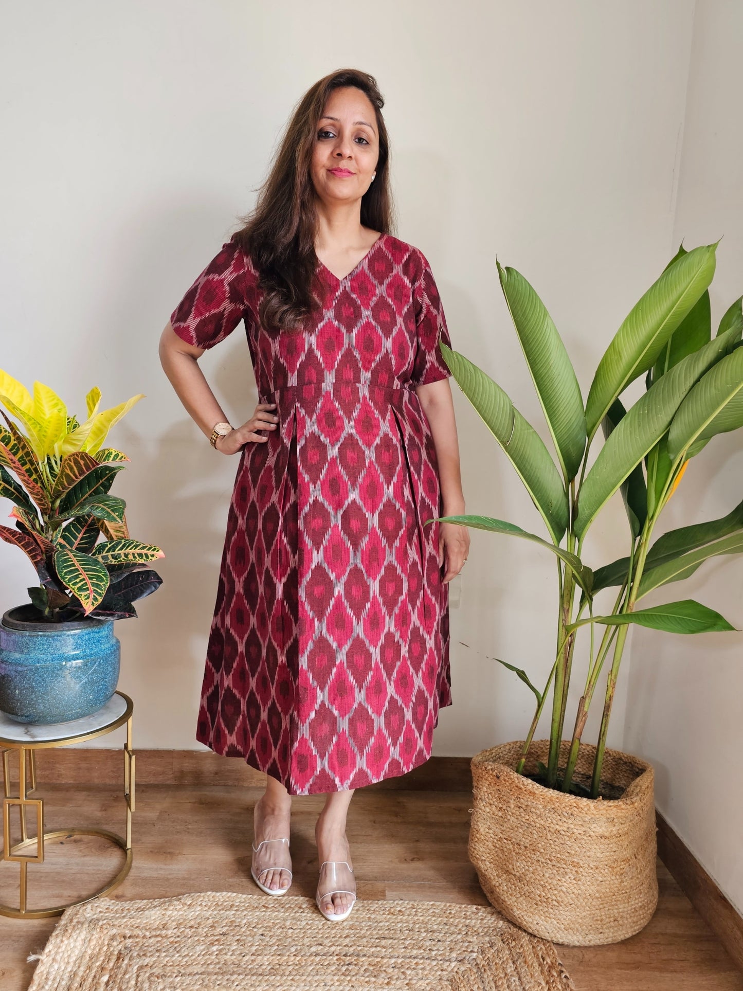 Darzaania Genelia Maroon Ikat Midi Dress