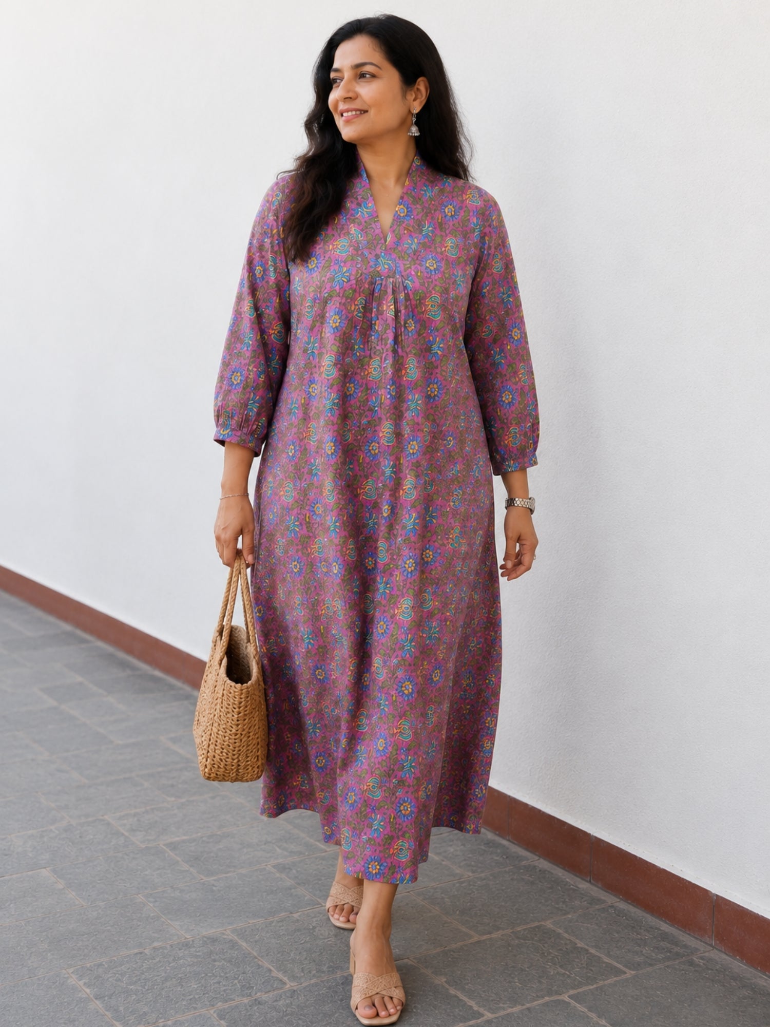 Pure cotton mauve shade midi dress s to 6xl