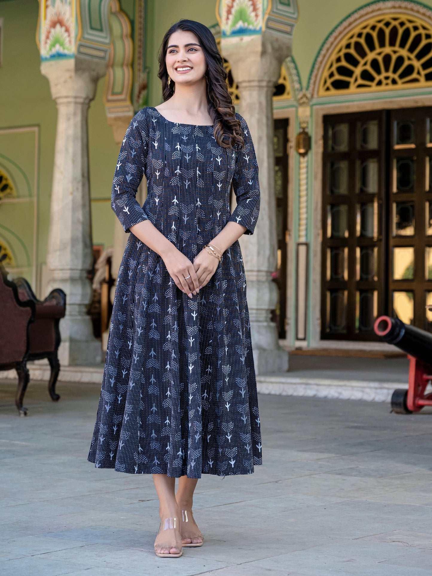 Darzaania Noor Kantha Work Block Print Pure Cotton Dress