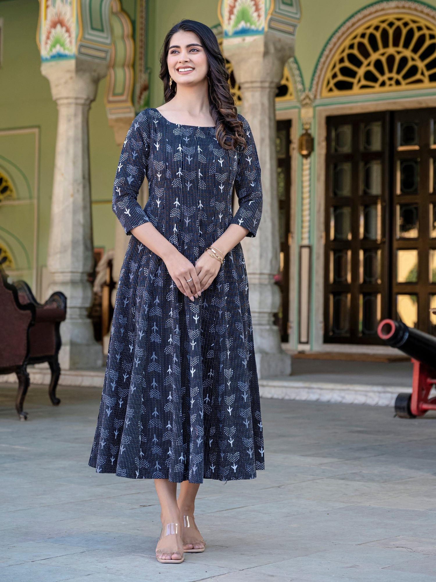 Darzaania Noor Kantha Work Block Print Pure Cotton Dress