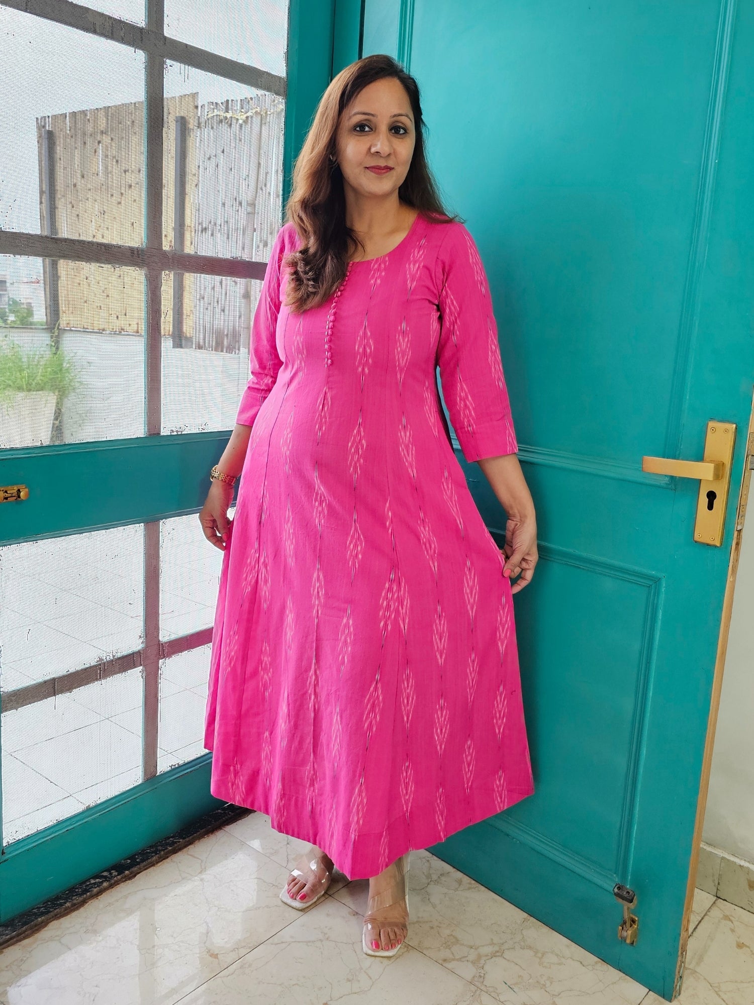 Darzaania Vandita Pink Ikkat Cotton Dress