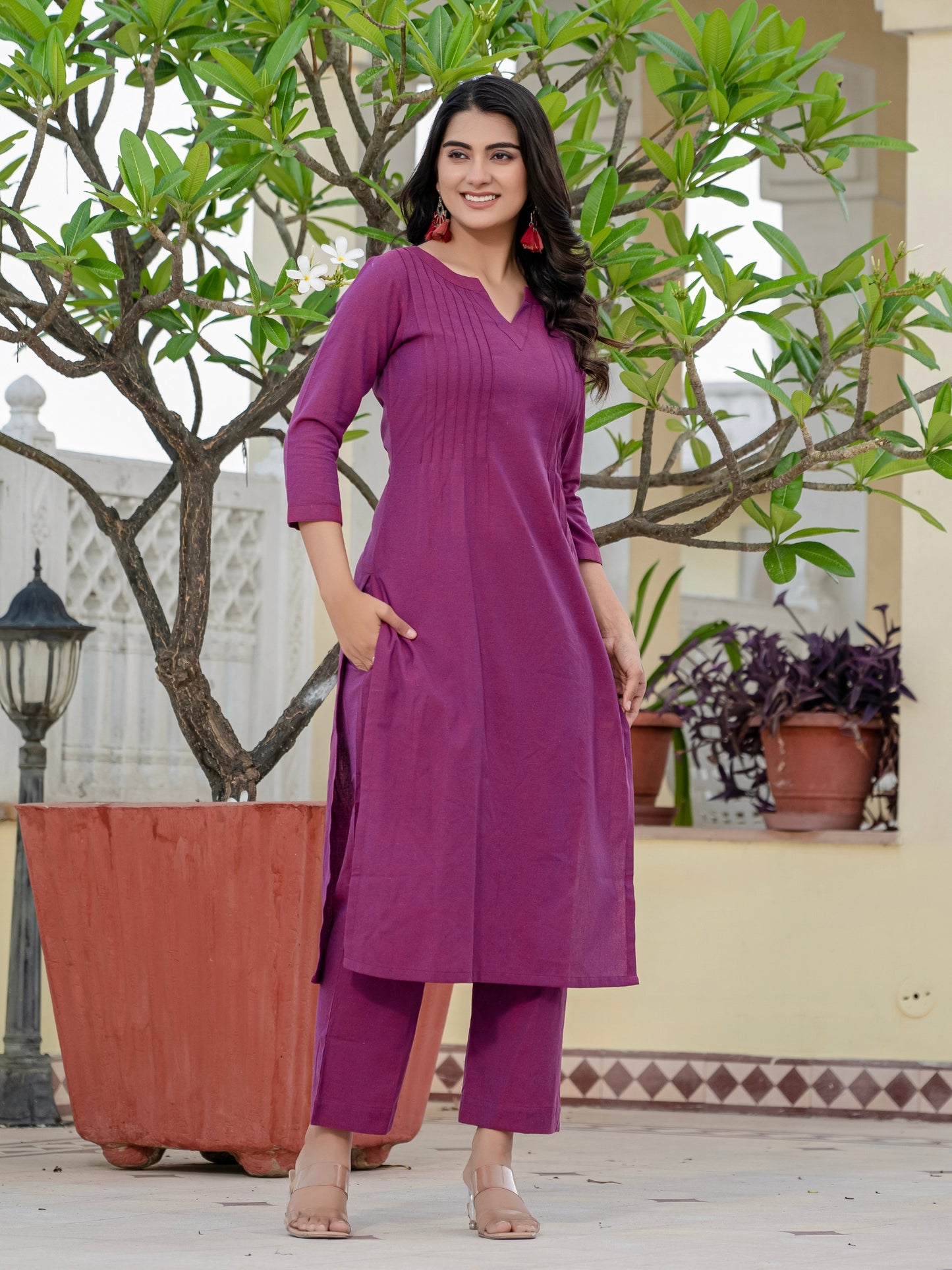 purple color cotton kurti with palazzo pants in plus sizes