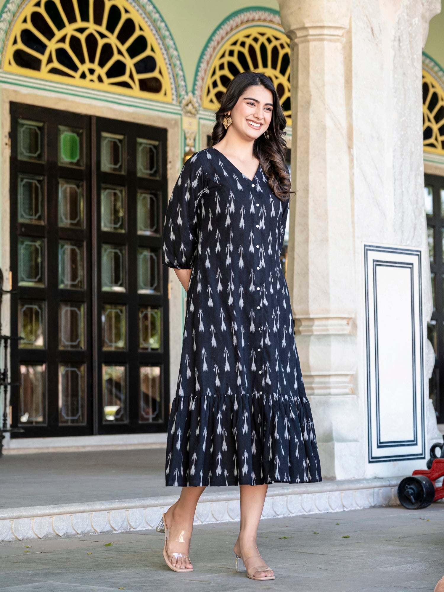 Black Ikkat Button Down flare dress