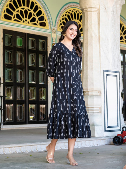 Black Ikkat Button Down flare dress