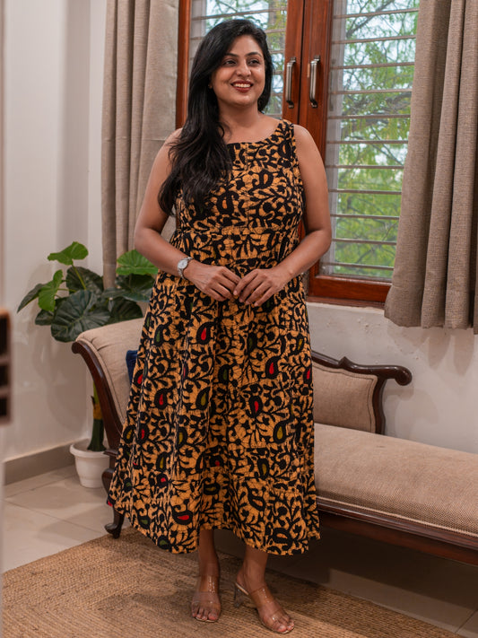 Nyra Batik Cotton Dress for Women in handcrafted batik print, sleeveless ankle length cotton dress