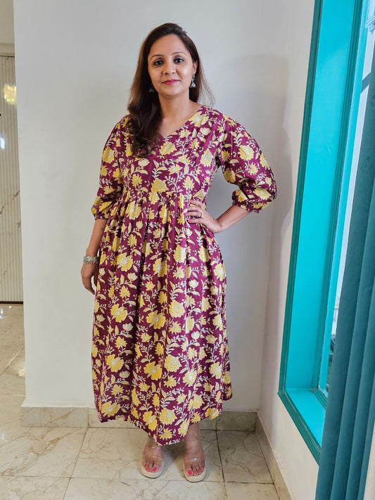 Darzaania Tapsi Wine Floral Cotton Dress