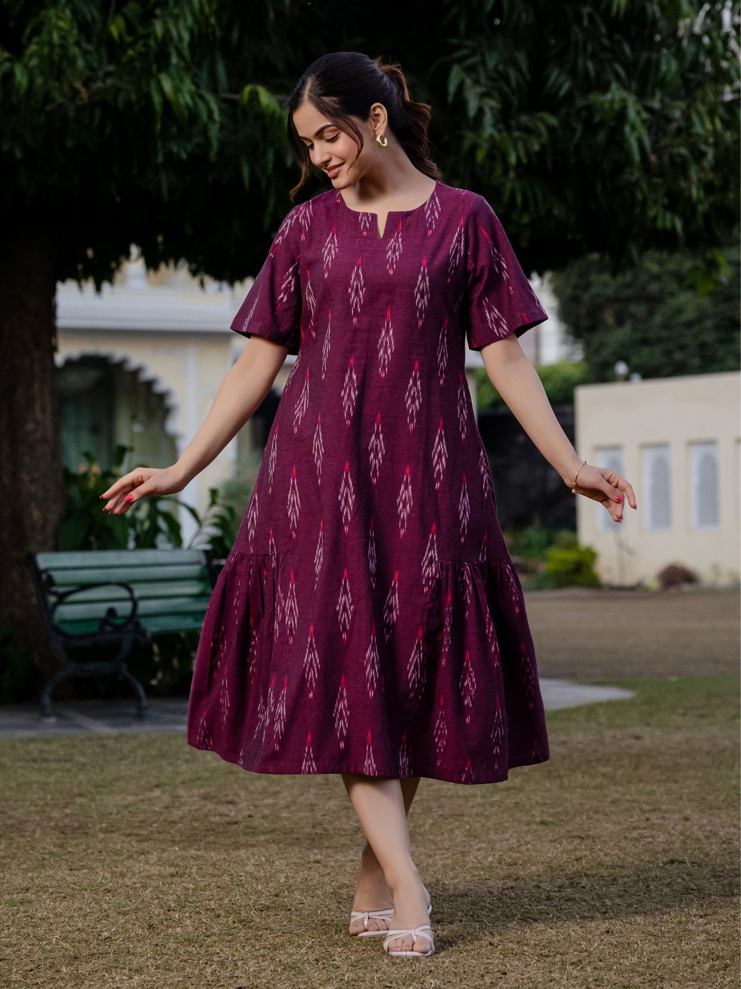 Premium wine-colored Ikkat midi dress in pure cotton, size-inclusive S–6XL