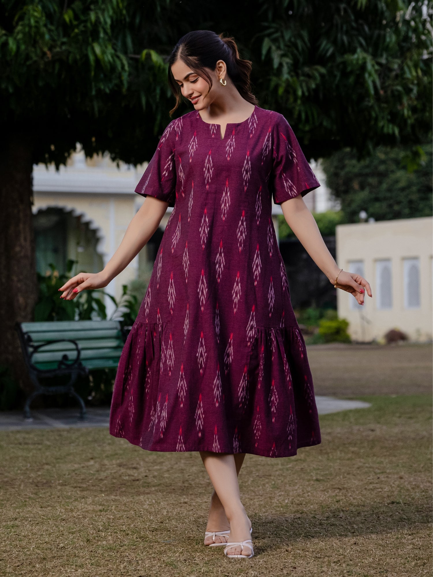 Premium wine-colored Ikkat midi dress in pure cotton, size-inclusive S–6XL