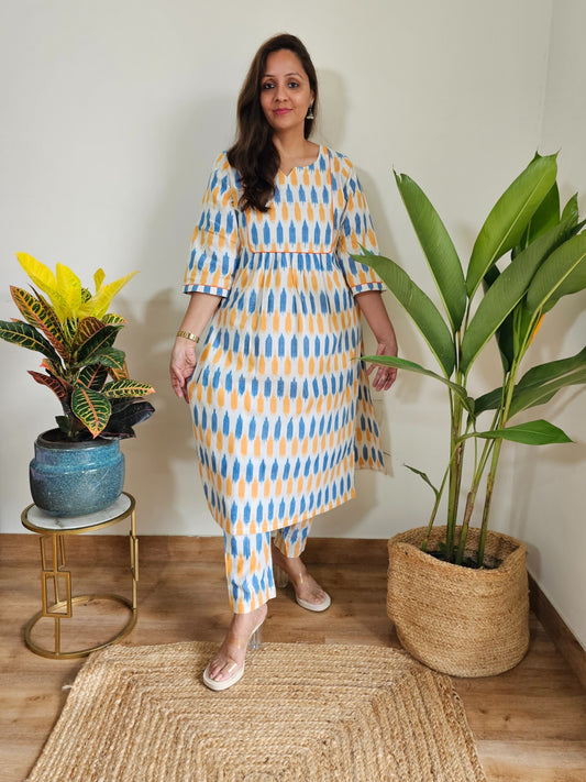 White Ikkat Cotton Co-Ord Kurta Set 