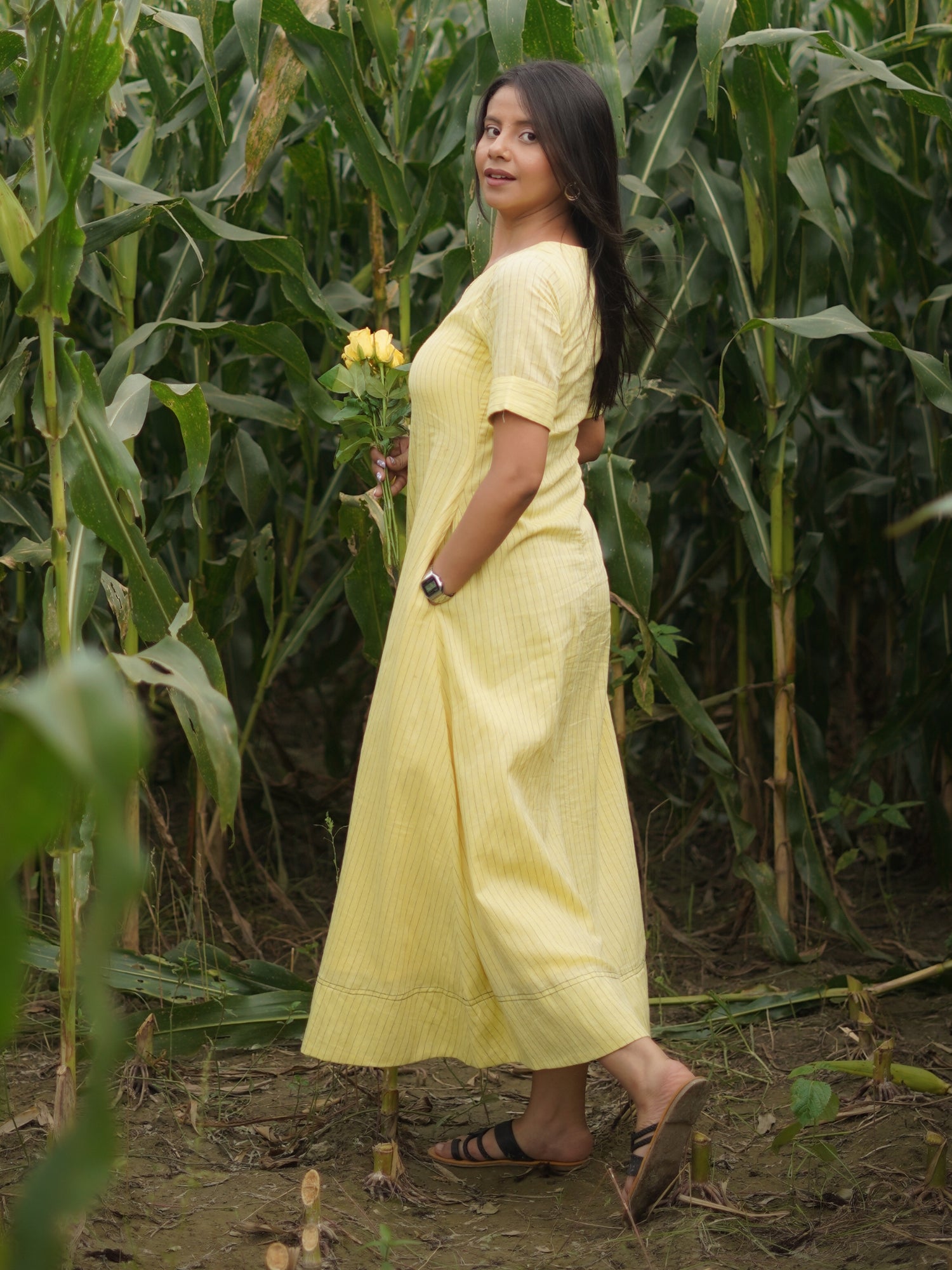 Yellow Jamdani Striped Cotton Dress S to 6XL sizes